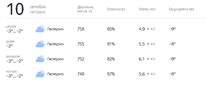 Погода в Вологде 10 декабря 2024 г.